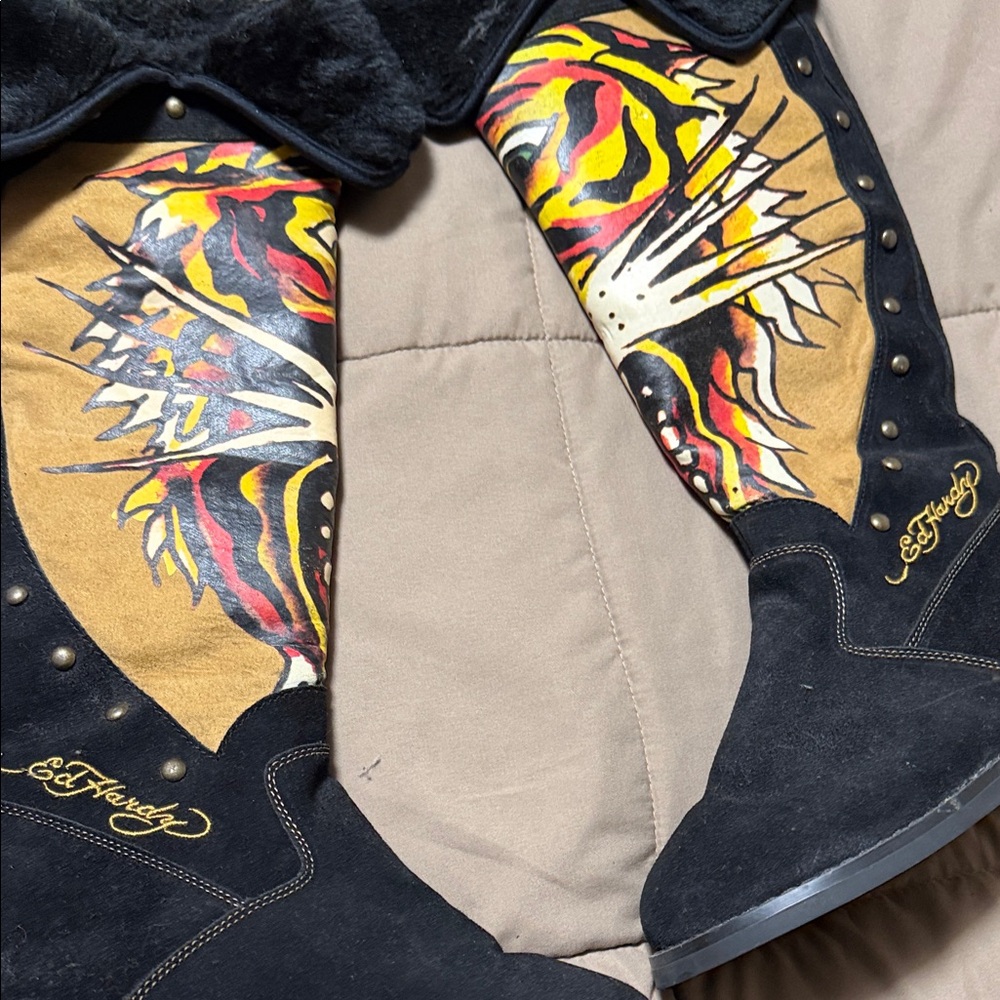 Ed Hardy Black Boots with Vibrant Tiger Design
